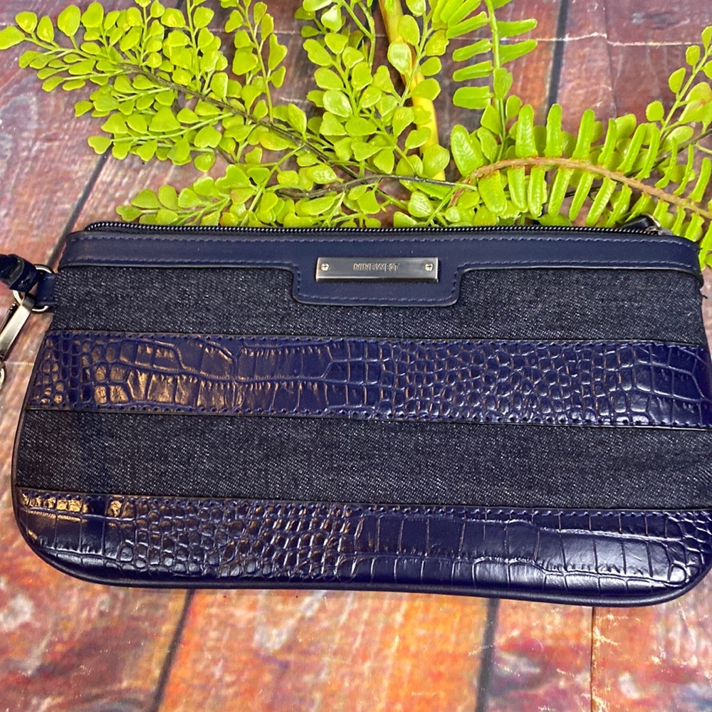 Nine West Denim Clutch Wristlet Croc Embossed Vegan Leather